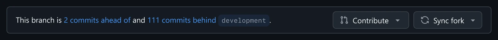 The same bar showing: this branch is 2 commits ahead of and 111 commits behind development