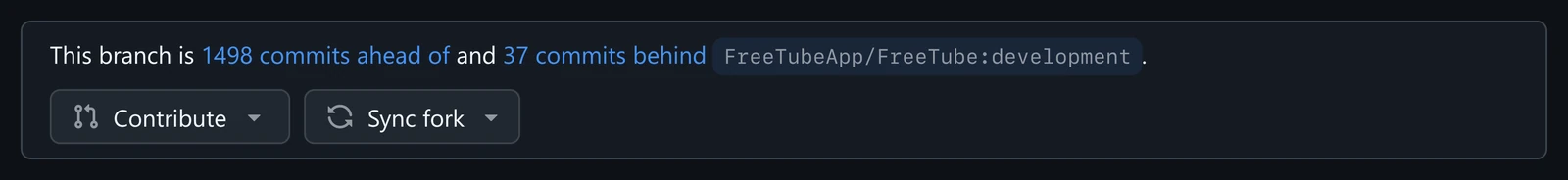GitHub showing: this branch is 1498 commits ahead of and 37 commits behind FreeTubeApp/FreeTube:development