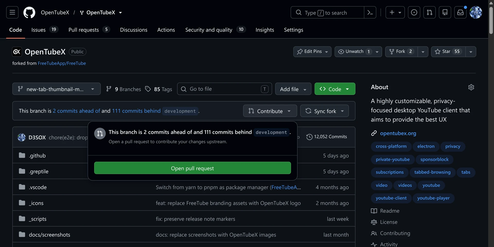 A fork on GitHub with the Contribute menu open, the pull request pointing at the fork itself